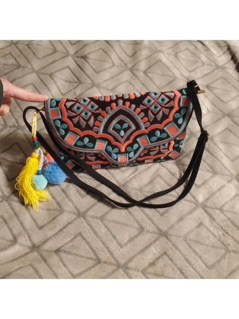 BAM FOREVER Crossbody Boho  Embroidery pattern  Purse Tassell  Removable Strap